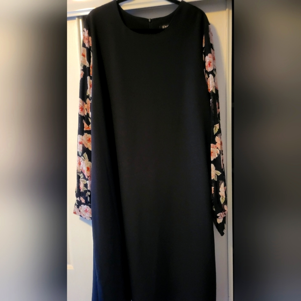 D_rama black crepe dress eith gorgeous pink floral chiffon sleeve detail.